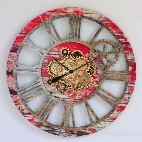 THE GEARS CLOCK Wanduhr mit echten beweglichen Zahnraedern - America Collection - 36" Rund - Red - Lava