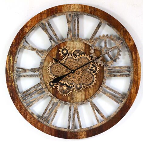 THE GEARS CLOCK Wanduhr mit echten beweglichen Zahnraedern - America Collection - 36" Rund - Vintage - Brown