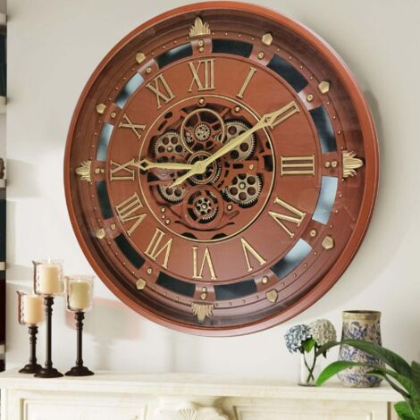 THE GEARS CLOCK Wanduhr mit echten beweglichen Zahnraedern - Belgium Collection - 26" Rund - Brown