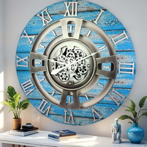 THE GEARS CLOCK Wanduhr mit echten beweglichen Zahnraedern - England Collection - 24" Rund - Ocean - Blue