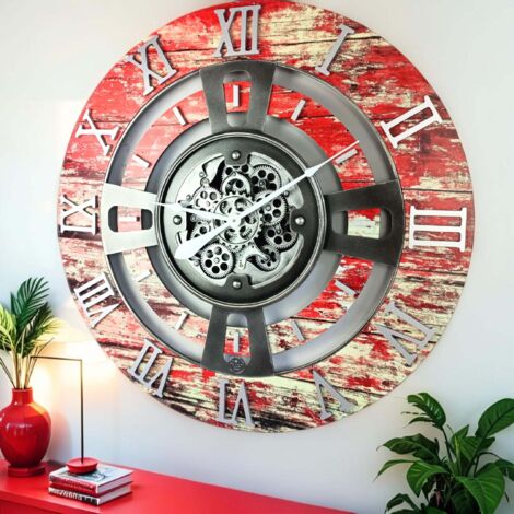 THE GEARS CLOCK Wanduhr mit echten beweglichen Zahnraedern - England Collection - 24" Rund - Red - Lava