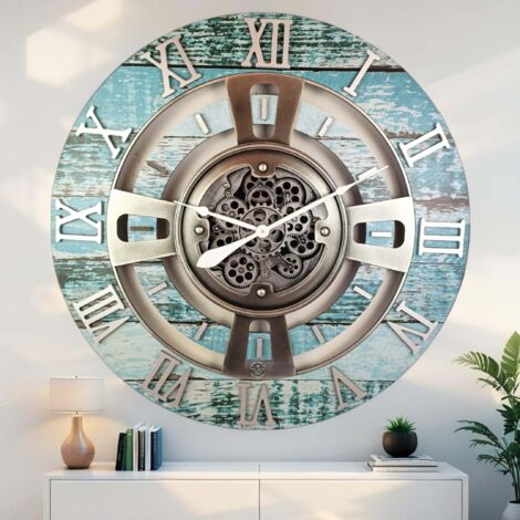 THE GEARS CLOCK Wanduhr mit echten beweglichen Zahnraedern - England Collection - 36" Rund - Aqua - Green