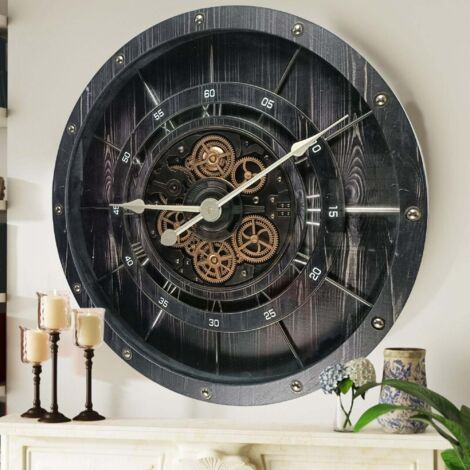 THE GEARS CLOCK Wanduhr mit echten beweglichen Zahnraedern - France Collection - 32" Rund - VINTAGE - BLACK