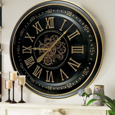 THE GEARS CLOCK Wanduhr mit echten beweglichen Zahnraedern - Ireland Collection - 32" Rund - BLACK - ANTIQUE