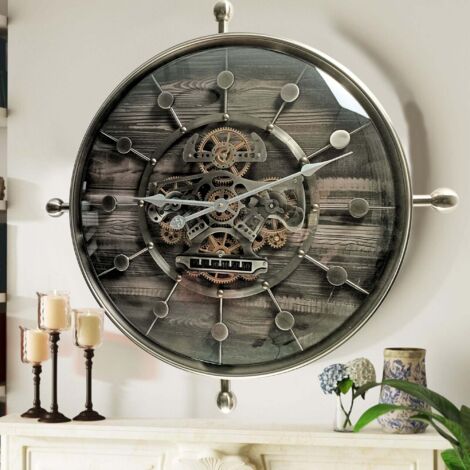 THE GEARS CLOCK Wanduhr mit echten beweglichen Zahnraedern - Luxembourg Collection - 27" Rund - BLACK - SILVER