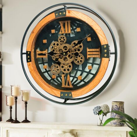 THE GEARS CLOCK Wanduhr mit echten beweglichen Zahnraedern - Portugal Collection - 18" Rund - WOOD - BLACK
