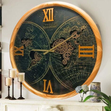 THE GEARS CLOCK Wanduhr mit echten beweglichen Zahnraedern - Portugal Collection - 24" Rund - WOOD - BLACK