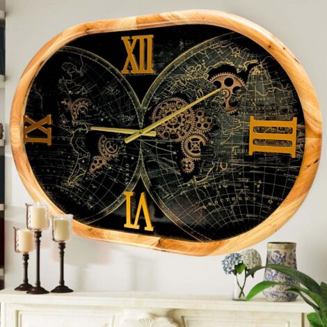 THE GEARS CLOCK Wanduhr mit echten beweglichen Zahnraedern - Portugal Collection - 27" Oval - WOOD - BLACK