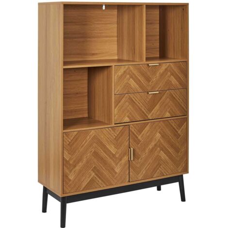 The Home Deco Factory – Bibliothèque 2 portes 2 tiroirs en bois – Longueur 100 cm – Largeur 35 cm – Hauteur 140 cm – Poignées dorées