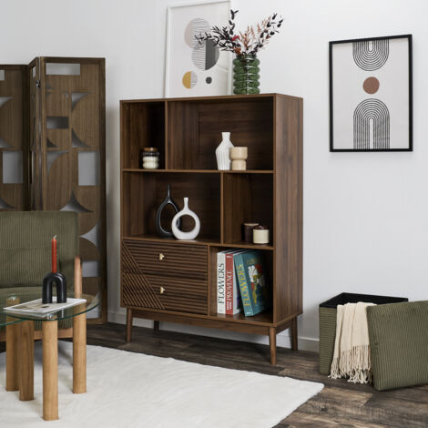 The Home Deco Factory – Bibliothèque vintage en bois foncé – Design géométrique avec niches asymétriques et tiroirs texturés – Rangement élégant et pratique