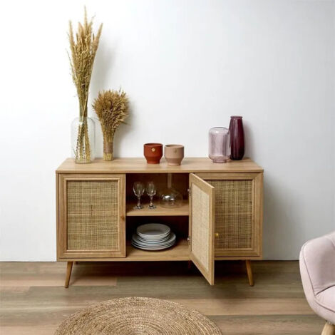 The Home Deco Factory – Buffet en bois 3 portes Bali – Dimensions 115x39x70 cm – Matériaux MDF et rotin – Style vintage et tropical