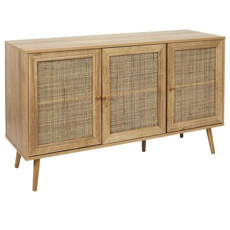 The Home Deco Factory – Buffet vintage tropical 3 portes – Dimensions L. 115 x l. 39 x H. 70 cm – Panneau de particules, rotin, eucalyptus