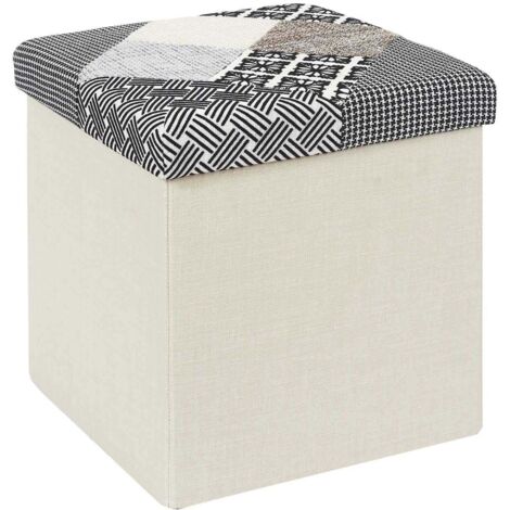 The Home Deco Factory – Coffre pouf pliable en patchwork gris – Rangement discret 38x38x38 cm – Assise confortable jusqu'à 110 kg – Montage rapide en 5 min