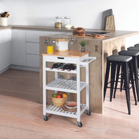 The Home Deco Factory – Desserte à roulettes en MDF blanc 40x61x84,5 cm – 3 niveaux de rangement – Idéale pour condiments et bouteilles de vin