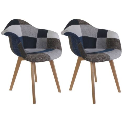 The Home Deco Factory – Fauteuil relax patchwork bleu gris – Pieds en bois brut – Dimensions 59x64,5x85 cm – Hauteur d'assise 48 cm – Confort optimal pour salon