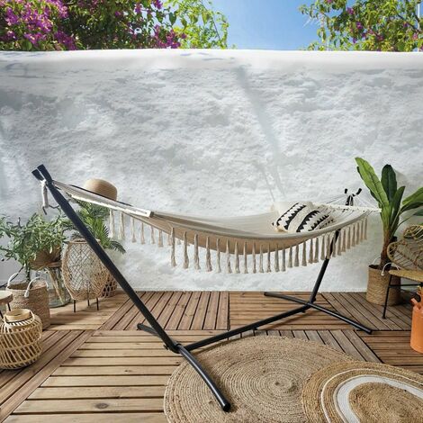 The Home Deco Factory – Hamac franges 285x90 cm – Coton, viscose, polyester – Charge maximale 160 kg – Pour espaces extérieurs confortables