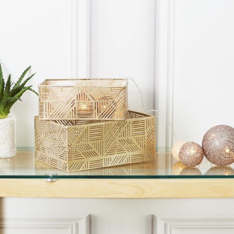 The Home Deco Factory – Lot de 2 paniers en métal ajouré doré – Dimensions 12x25cm et 9x21cm – Élégance moderne pour rangement décoratif