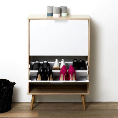 The Home Deco Factory – Meuble à chaussures 2 portes blanc – Dimensions L. 60 cm x P. 23,5 cm x H. 91,5 cm – Bois contreplaqué et ABS – Fixation murale incluse