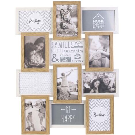 The Home Deco Factory – Pêle-mêle en MDF blanc et bois – Protection en verre acrylique – Accueille 12 photos 10 x 15 cm – Dimensions 58 x 44 x 3 cm