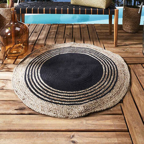 The Home Deco Factory – Tapis rond en jute et coton noir 90cm – Épaisseur 0.5cm – Touche naturelle pour intérieur moderne – Poids 1500g