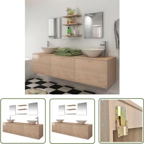 The Living Store 10-tlg. Badmöbel-Set mit Waschbecken und Wasserhahn Beige - Badmöbel-Set - Badezimmermöbel - Waschtisch - Waschbecken - Spiegelschrank