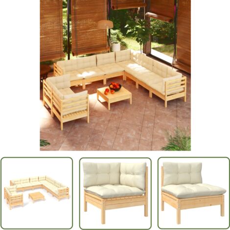 The Living Store 10-tlg. Garten-Lounge-Set mit Creme Kissen Massivholz Kiefer - Gartenmöbeln - Lounge Set - Outdoor Möbel - Rattan Gartenmöbel - Kiefernholzmöbel