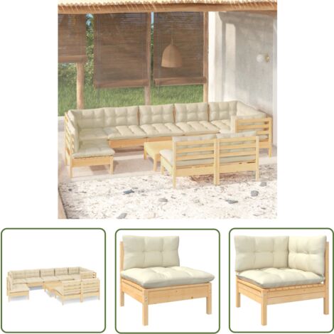 The Living Store 10-tlg. Garten-Lounge-Set mit Creme Kissen Massivholz Kiefer - Gartensessel - Lounge Set - Gartenmöbeln - Outdoor Möbel - Kiefernholz