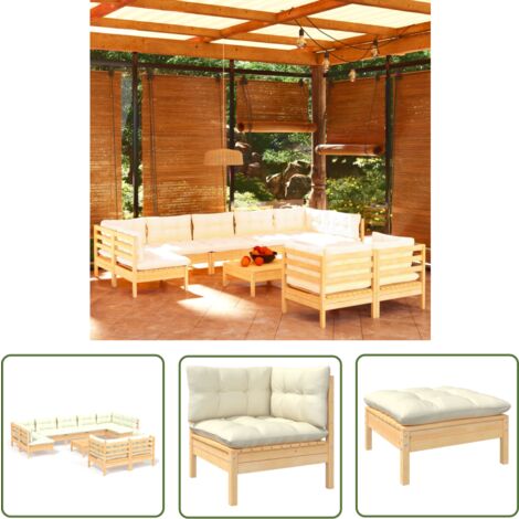 The Living Store 10-tlg. Garten-Lounge-Set mit Creme Kissen Massivholz Kiefer - Gartenzubehör - Lounge Set - Gartenmöbel - Esszimmergarnitur - Outdoor Möbel