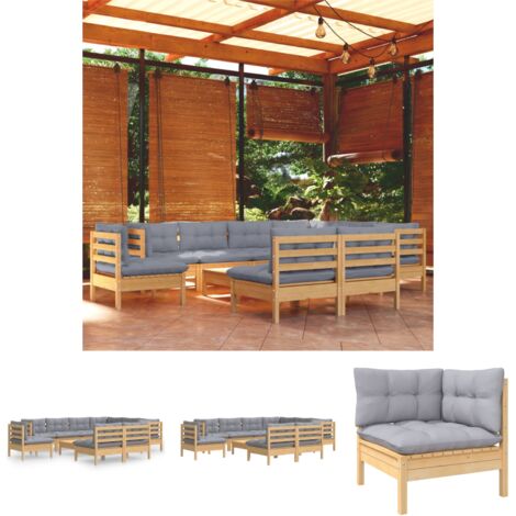 The Living Store - 10-tlg. Garten-Lounge-Set mit Grauen Kissen Kiefer Massivholz