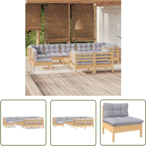 The Living Store 10-tlg. Garten-Lounge-Set mit Grauen Kissen Kiefer Massivholz - Gartengeräte - Gartenmöbel - Lounge Set - Kiefernholzmöbel - Outdoor Möbel