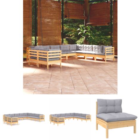 The Living Store - 10-tlg. Garten-Lounge-Set mit Grauen Kissen Massivholz Kiefer