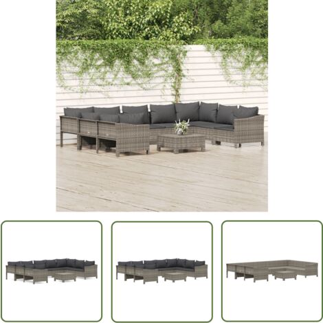 The Living Store 10-tlg. Garten-Lounge-Set mit Kissen Grau Poly Rattan - Gartenmöbel - Loungemöbel - Rattan Möbel - Outdoor Möbel - Garten Lounge Set