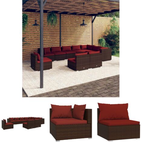 The Living Store 10-tlg. Garten-Lounge-Set mit Kissen Poly Rattan Braun - Gartenmöbel-Sets