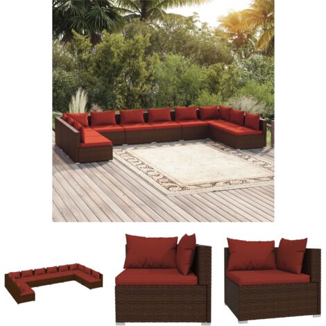 The Living Store 10-tlg. Garten-Lounge-Set mit Kissen Poly Rattan Braun - Gartenmöbel-Sets