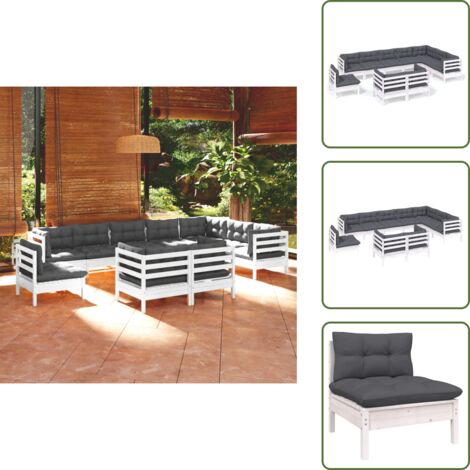 The Living Store 10-tlg. Garten-Lounge-Set mit Kissen Weiß Kiefer Massivholz - Gartenzubehör - Lounge Set - Gartenmöbel - Outdoor Möbel - Kiefernholzmöbel
