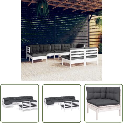The Living Store 10-tlg. Garten-Lounge-Set mit Kissen Weiß Kiefernholz - Gartensaison - Lounge Set - Gartenmöbel - Outdoor Möbel - Rattan Gartenmöbel
