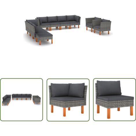 The Living Store 10-tlg. Garten-Lounge-Set Poly Rattan und Eukalyptusholz Grau - Gartensitzgruppe - Lounge-Set - Gartenmöbel - Outdoor-Möbel - Rattanmöbel