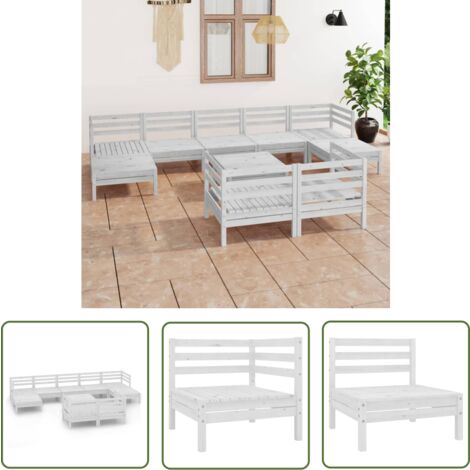 The Living Store 10-tlg. Garten-Lounge-Set Weiß Massivholz Kiefer - Gartenmöbel - Loungesessel - Gartenloungeset - Rattan Möbel - Holz Gartenmöbel