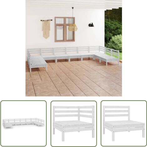 The Living Store 10-tlg. Garten-Lounge-Set Weiß Massivholz Kiefer - Gartenmöbel - Loungesessel - Rattan Möbel - Gartenloungeset - Kiefernholzmöbel