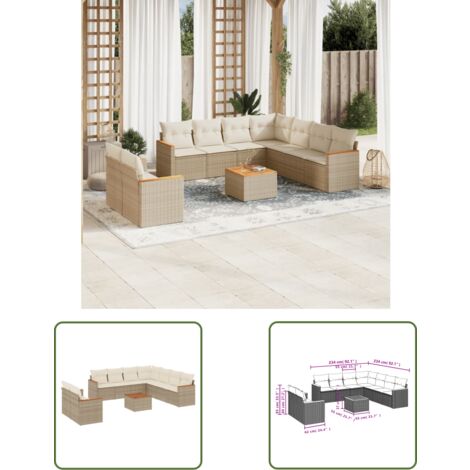 The Living Store 10-tlg. Garten-Sofagarnitur mit Kissen Beige Poly Rattan - Gartenmöbel Set - Esstisch - Lounge Möbel - Outdoor Sofa - Rattan Gartenmöbel