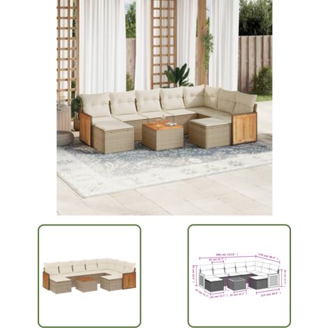 The Living Store 10-tlg. Garten-Sofagarnitur mit Kissen Beige Poly Rattan - Gartenmöbel Set - PE-Rattan Möbel - Outdoor Lounge - Esstisch - Sofasatz