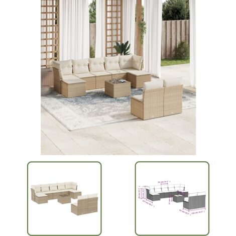 The Living Store 10-tlg. Garten-Sofagarnitur mit Kissen Beige Poly Rattan - Gartenmöbel Set - PE-Rattan Möbel - Outdoor Sofa - Esstisch - Lounge Set