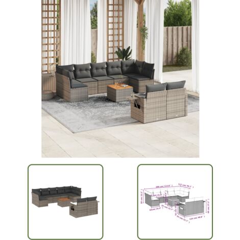 The Living Store 10-tlg. Garten-Sofagarnitur mit Kissen Grau Poly Rattan - Gartenmöbel - Esszimmergarnituren - Outdoor Möbel - Lounge Set - Rattan Gartenmöbel