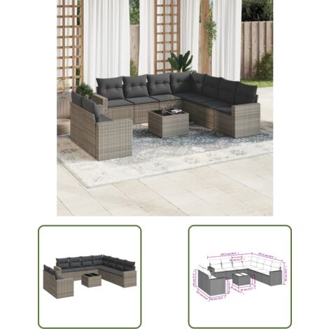 The Living Store 10-tlg. Garten-Sofagarnitur mit Kissen Grau Poly Rattan - Gartenmöbel - Gartensorte - Lounge Set - Rattan Möbel - Outdoor Furniture