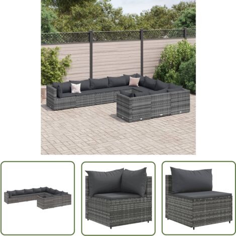 The Living Store 10-tlg. Garten-Sofagarnitur mit Kissen Grau Poly Rattan - Gartenmöbel - Outdoor Möbel - Loungesessel - Rattan Sessel - Gartenlounge