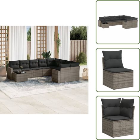 The Living Store 10-tlg. Garten-Sofagarnitur mit Kissen Grau Poly Rattan - Gartenmöbel Set - Outdoor Möbel - Rattan Gartenset - Lounge Set - Esstisch Set