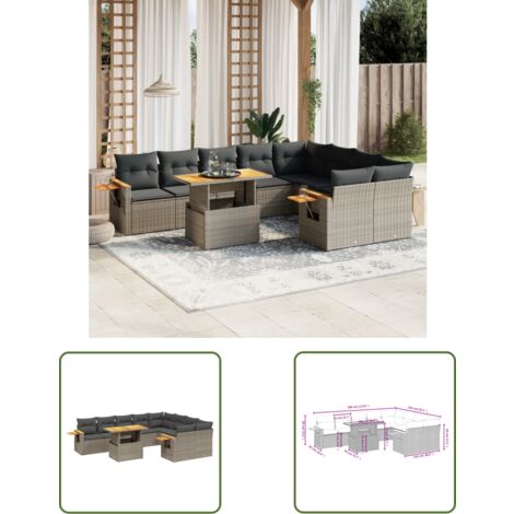The Living Store 10-tlg. Garten-Sofagarnitur mit Kissen Grau Poly Rattan - Gartenmöbel Set - PE-Rattan Möbel - Outdoor Lounge - Garten Sofa - Balkon Möbel
