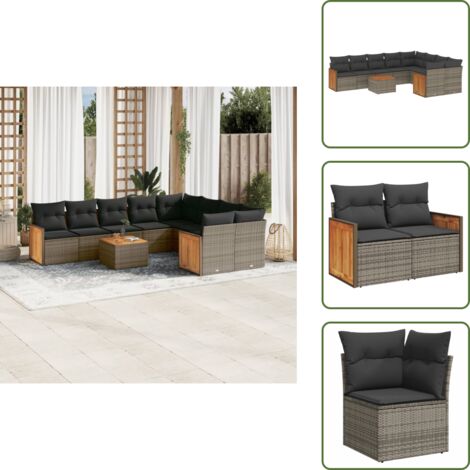 The Living Store 10-tlg. Garten-Sofagarnitur mit Kissen Grau Poly Rattan - Gartenmöbel Set - Rattan Möbel - Outdoor Lounge - Esstisch - Sofas