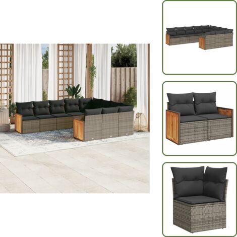 The Living Store 10-tlg. Garten-Sofagarnitur mit Kissen Grau Poly Rattan - Gartensessel