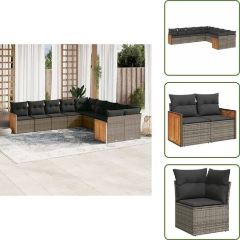 The Living Store 10-tlg. Garten-Sofagarnitur mit Kissen Grau Poly Rattan - Gartensessel